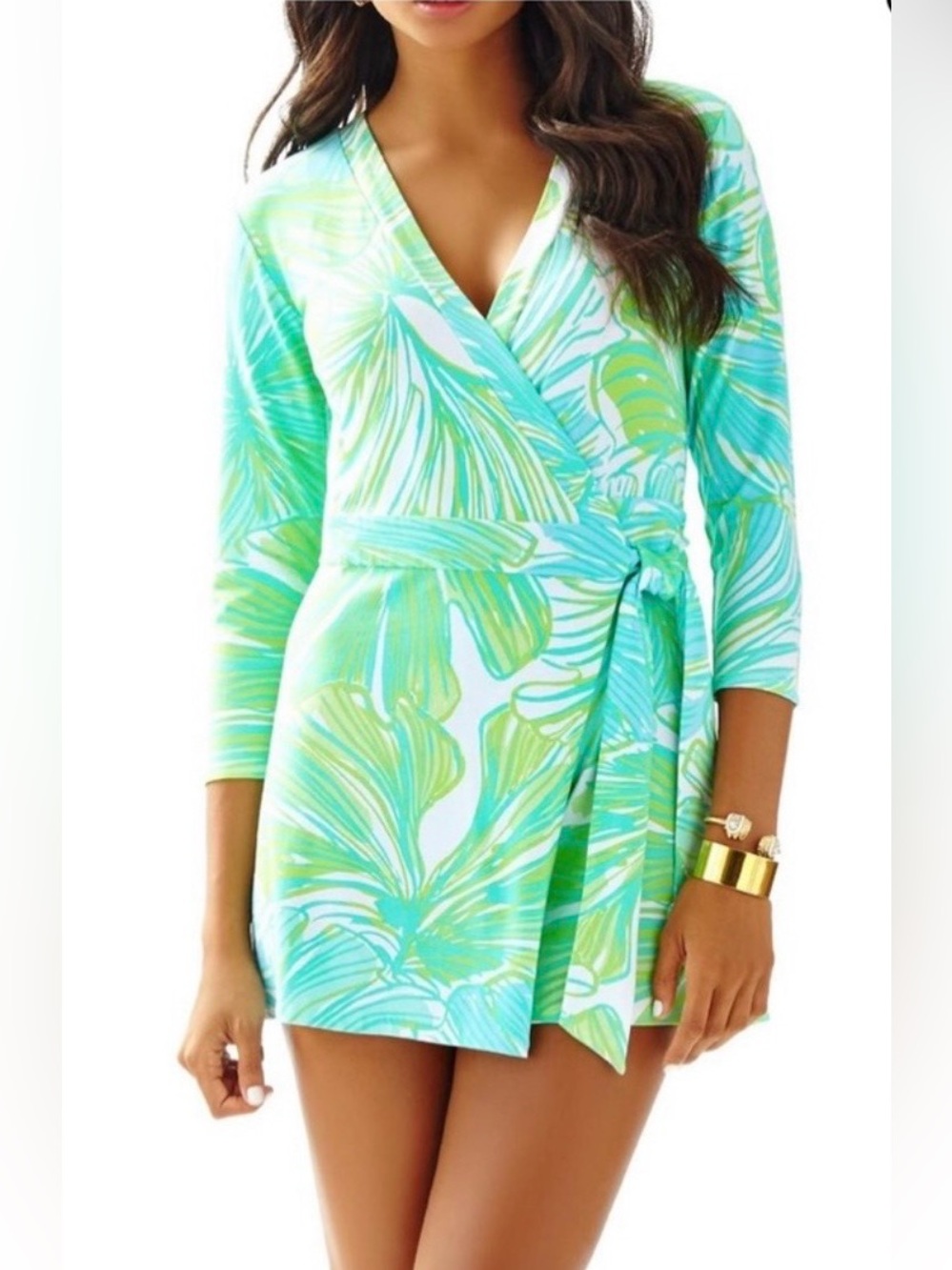 Lilly Pulitzer Karlie Wrap Romper XS Green Sheen Fronds Long Sleeve Surplice